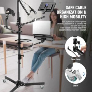NEEWER Live Streaming Stand with Casters, featuring adjustable height, mobile casters, and a mic boom arm for professional live streaming and podcasting setups