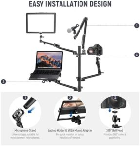 NEEWER Live Streaming Stand with Casters, featuring adjustable height, mobile casters, and a mic boom arm for professional live streaming and podcasting setups