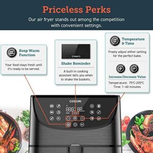 COSORI Air Fryer 5.5L with a non-stick basket, showcasing the sleek design and easy-to-use app control