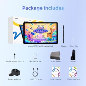 UGEE Pad Drawing Tablet with 2K Ultra HD display and Android 14, showcasing a vibrant design for digital artists