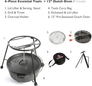 CampMaid Outdoor Cooking Set - Dutch Oven, Charcoal Holder & Cast Iron Grill - Perfect for Camping
