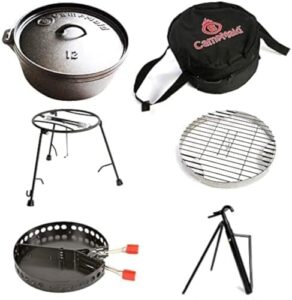 CampMaid Outdoor Cooking Set - Dutch Oven, Charcoal Holder & Cast Iron Grill - Perfect for Camping