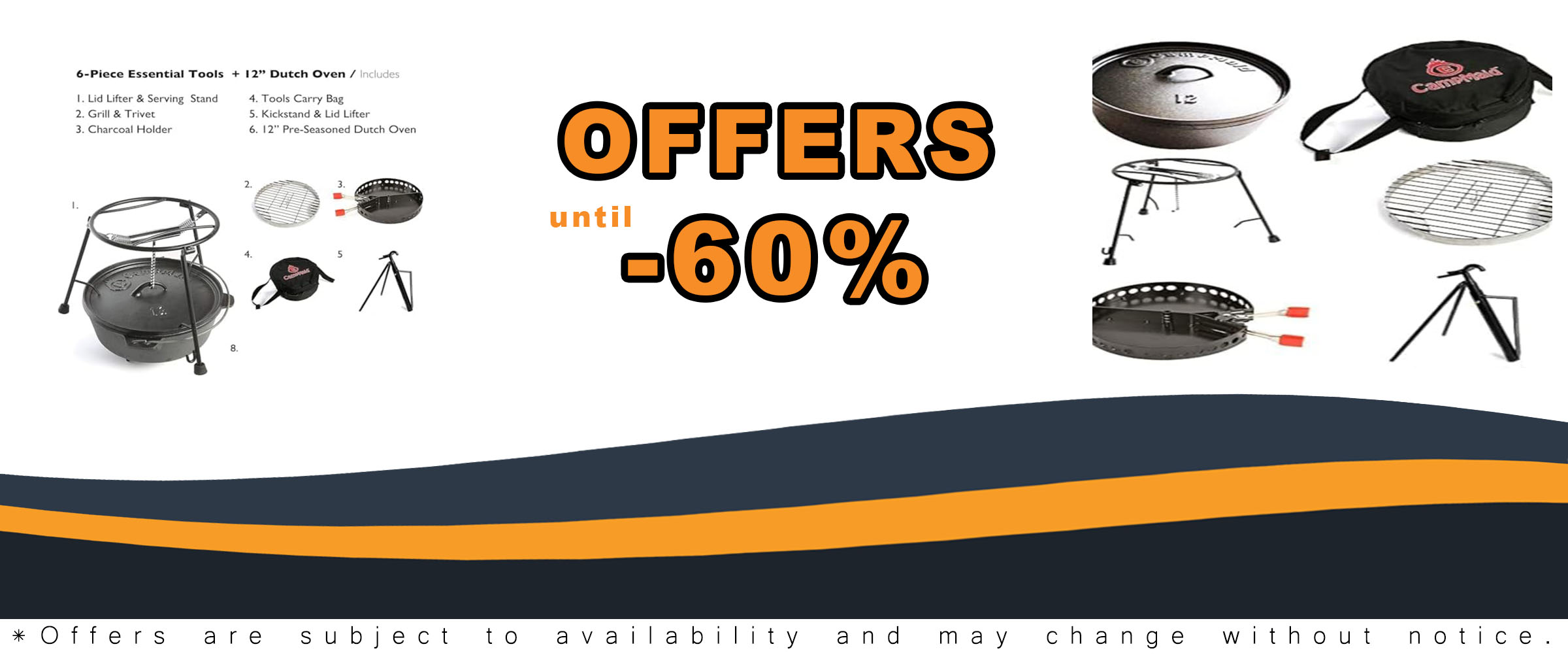 CampMaid Outdoor Cooking Set - Dutch Oven, Charcoal Holder & Cast Iron Grill - Perfect for Camping