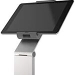 Durable Floor Tablet Holder in use with an adjustable height and flexible angle for hands-free tablet viewing