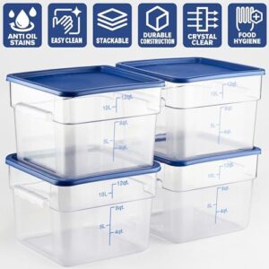 CURTA 4 Pack Food Storage Containers with Blue Lids, NSF Listed, Commercial Grade, 12.0 Qt, Clear Polycarbonate