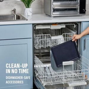 SmartSynx Dual Door Air Fryer Oven, featuring a stainless steel design and dual compartments for cooking multiple foods at once.