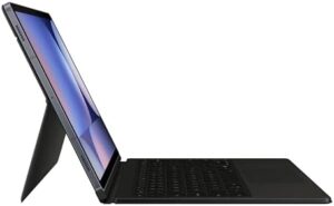 Samsung Galaxy Tab S10+ Book Cover Keyboard in black, showcasing its detachable platform and adjustable angles.