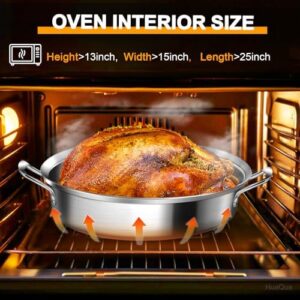 HuaQue Roasting Pan with Rack and Lid, Stainless Steel Large Oval Roaster for Turkey and Chicken