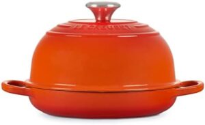 Le Creuset Enameled Cast Iron Bread Oven Bundle in Flame color with a 3 1/4" Nylon Cleaning Brush