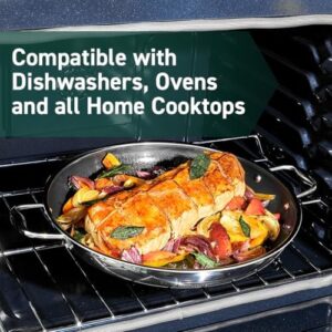 HexClad Hybrid Nonstick 35 cm Frying Pan with Steel Lid, ideal for all cooktops, dishwasher safe, and oven safe.