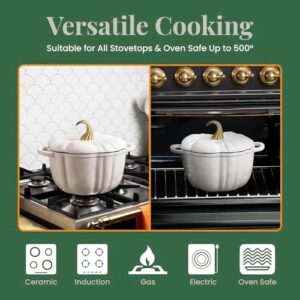 Larder & Vine Enameled Cast Iron Pumpkin Dutch Oven, 5.5 qt capacity, white, with lid and dual handles