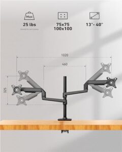 Ergounion Quad Monitor Mount, Holds 17-40" Screens up to 40 Inches and 25 lbs, Fully Adjustable 4 Monitor Mount with C-Clamp and Grommet Base, Aluminum, Black