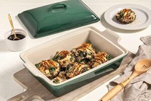 Le Creuset Stoneware Heritage Covered Rectangular Casserole in Cerise, perfect for baking and serving.