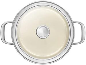 KitchenAid Steel Core Enamel 20 cm Casserole with Lid in Almond Cream, perfect for induction and oven cooking. 