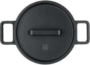 WMF Flavour Roasting Dish 22 cm, black cast iron casserole with condensation nubs and modern design.