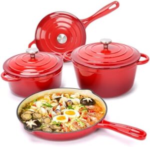 Denmay Dutch Oven Cast Iron Pot 28 cm in Enamel Red - Ideal for Oven Cooking and Stewing