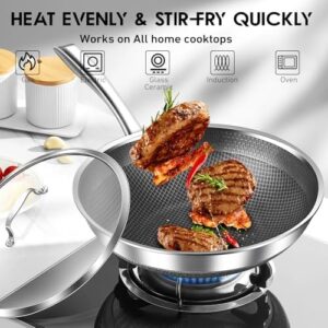 MDHAND 12-Inch Stainless Steel Wok with Tempered Glass Lid – PFOA-Free Nonstick Stir-Fry Pan