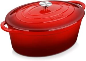 Velaze 7.5 QT Enameled Oval Dutch Oven Pot with Lid, Red Cast Iron Dutch Oven