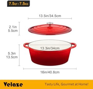 Velaze 7.5 QT Enameled Oval Dutch Oven Pot with Lid, Red Cast Iron Dutch Oven