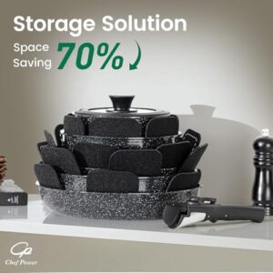 Chef Power Ceramic Nonstick Cookware Set 19 Piece with Detachable Handle and Rock Stone Black Finish
