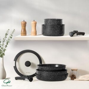 Chef Power Ceramic Nonstick Cookware Set 19 Piece with Detachable Handle and Rock Stone Black Finish