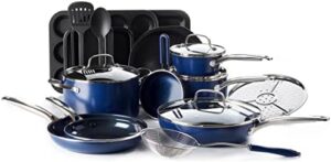 Blue Diamond 20 Piece Cookware and Bakeware Set, Diamond Infused PFOA PFAS-Free Ceramic Nonstick Pots and Pans, Durable Nontoxic Metal Utensil Safe & Scratch Resistant, Dishwasher & Oven Safe, Blue