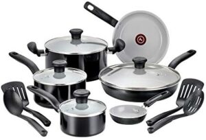T-FAL C996SE Initiatives Nonstick Ceramic Coating PTFE PFOA and Cadmium Free Scratch Resistant Dishwasher Safe Oven Safe Cookware Set, 14-Piece, Black