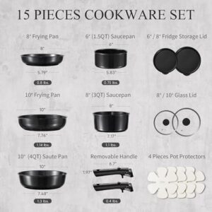 CAROTE 15pcs Black Ceramic Cookware Set, 15 Piece Pots and Pans Set with Detachable Handle, Non Stick, Induction, Dishwasher and Oven Safe, Black