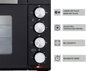 Daewoo 1500W 32L Capacity Electric Oven with 1000W and 600W Hot Plates, 90-230° Adjustable Temperature Settings and 60 Minute Timer with Indicator Light, 4SS Heating Element and Double Glass Door