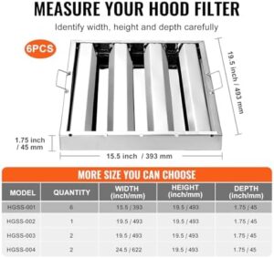 VEVOR Commercial Cooker Hood Filter Stainless Steel Restaurant Grease Resistant 3 Flute 6 Pack 393 x 493 x 45mm (W x H x D)