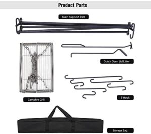 REDCAMP Grill Swing Campfire Grill Stand with Stainless Steel Grill Grate,Collapsible Campfire Cooking Rack w/6 Hooks,Portable Cookware Hanging Rack Camping Bonfire for Cookware&Dutch Oven,Rectangle