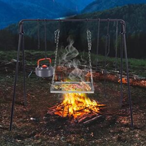 REDCAMP Grill Swing Campfire Grill Stand with Stainless Steel Grill Grate,Collapsible Campfire Cooking Rack w/6 Hooks,Portable Cookware Hanging Rack Camping Bonfire for Cookware&Dutch Oven,Rectangle